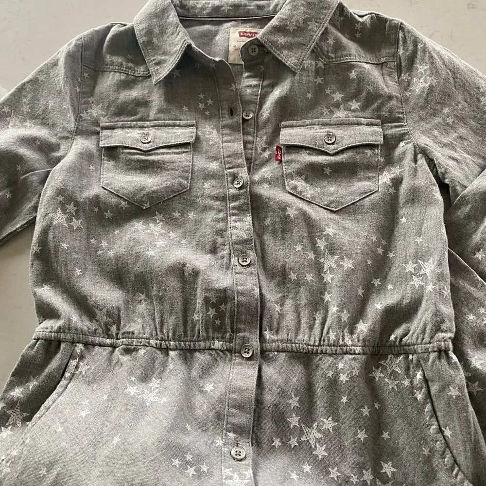 Levi’s Girls Shirt Dress Long Sleeve Gray Printed Stars Size M Youth (10-12) EUC